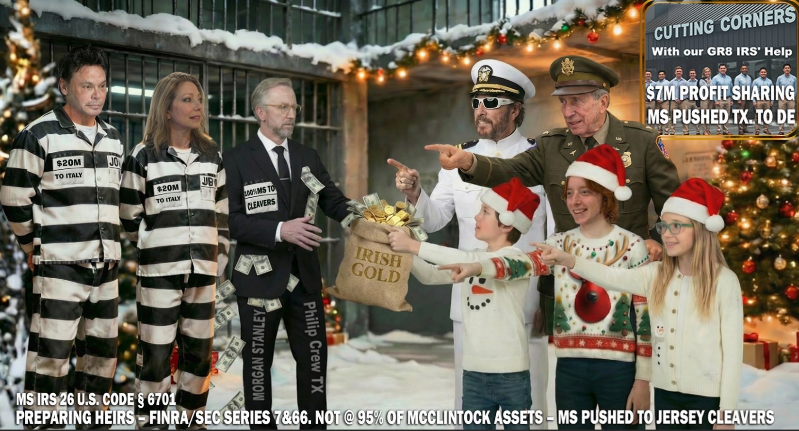 Photoshopped image of family in jail suits and children receiving gold bag